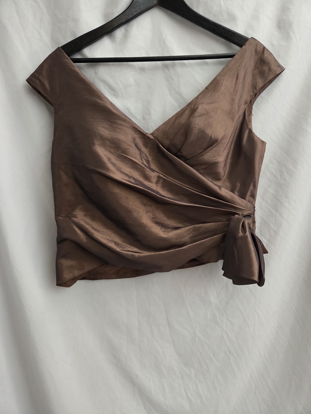 Satin Wrap V-Neck Crop Top - Chocolate Brown
